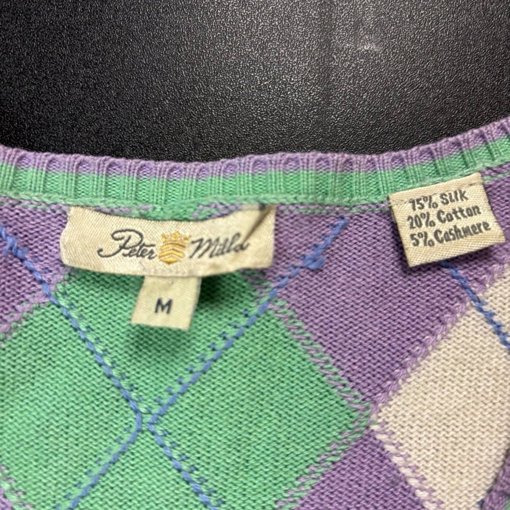 Womens Peter Millar Argyle Sweater 3/4 Sleeve Silk Cotton Cashmere Sz M Golf - Picture 2 of 9